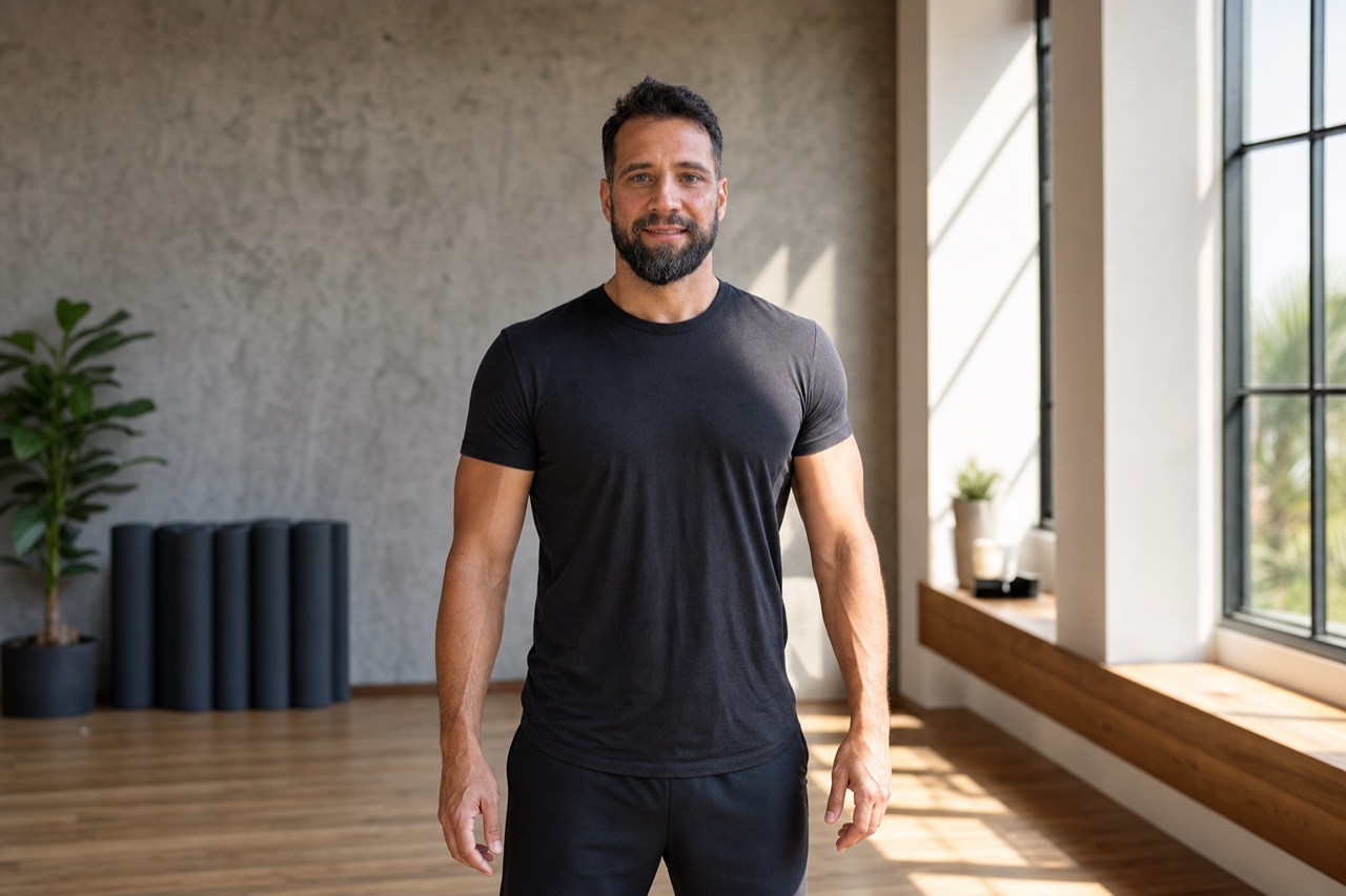 Um professor de Yoga em pe num estudio profissional, postura confiante, ar de credibilidade