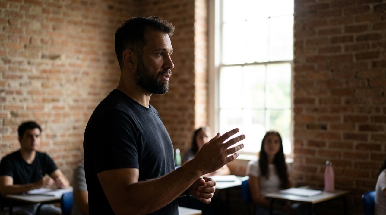 Um professor conduzindo uma aula presencial com presenca e olhar atento aos alunos