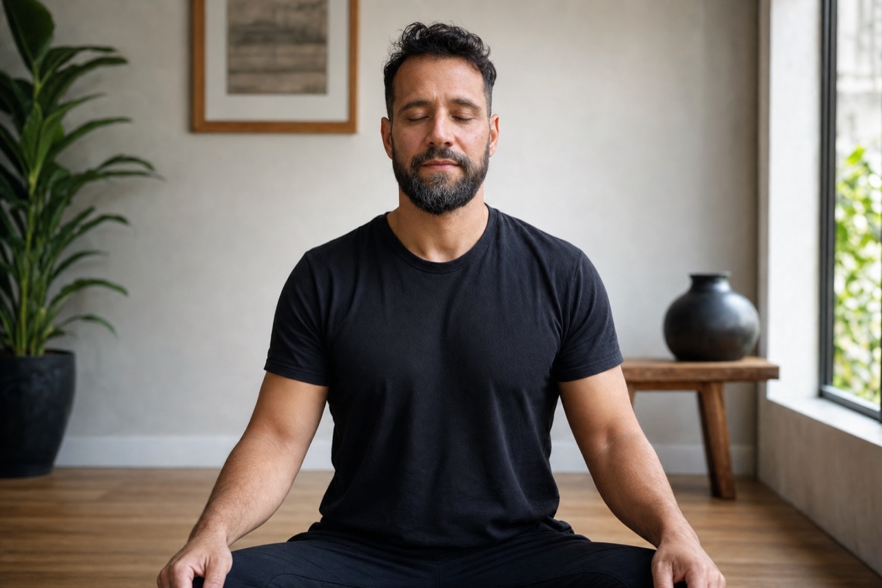 Um homem em meditacao sentada, postura ereta, ambiente clean e luz difusa