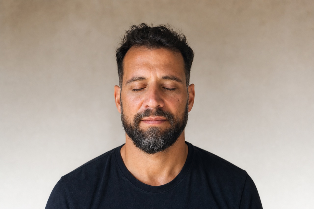 Retrato sereno de um homem com os olhos fechados em atencao plena, fundo neutro