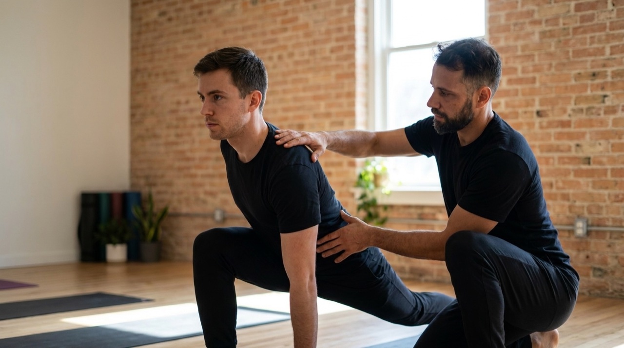 Um professor de Yoga ensinando de forma fundamentada, demonstrando alinhamento a um aluno