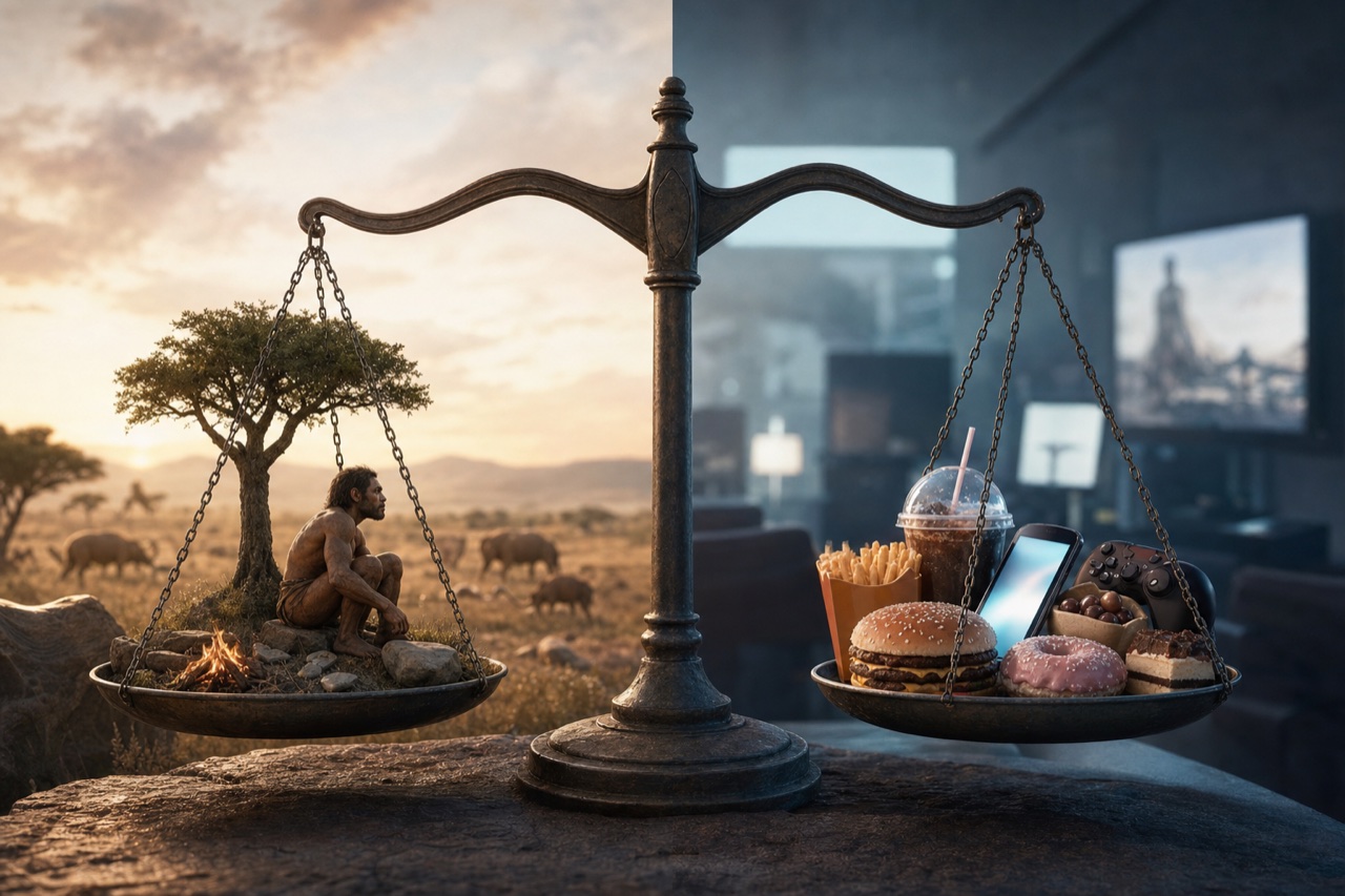 Contraste entre o ambiente natural ancestral e o mundo moderno de alimentos processados e telas