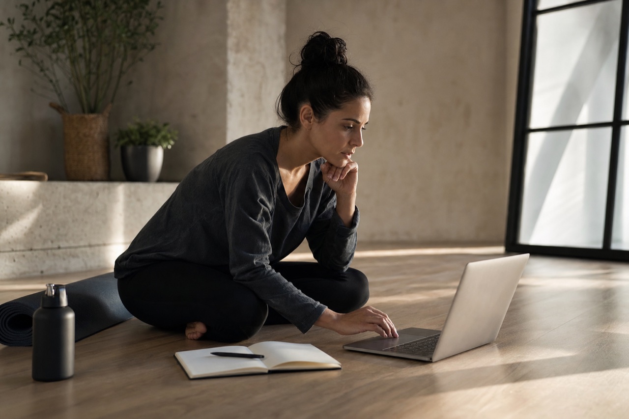 Uma pessoa pesquisando num laptop sentada perto de um tapete de Yoga, decisao e analise, luz natural