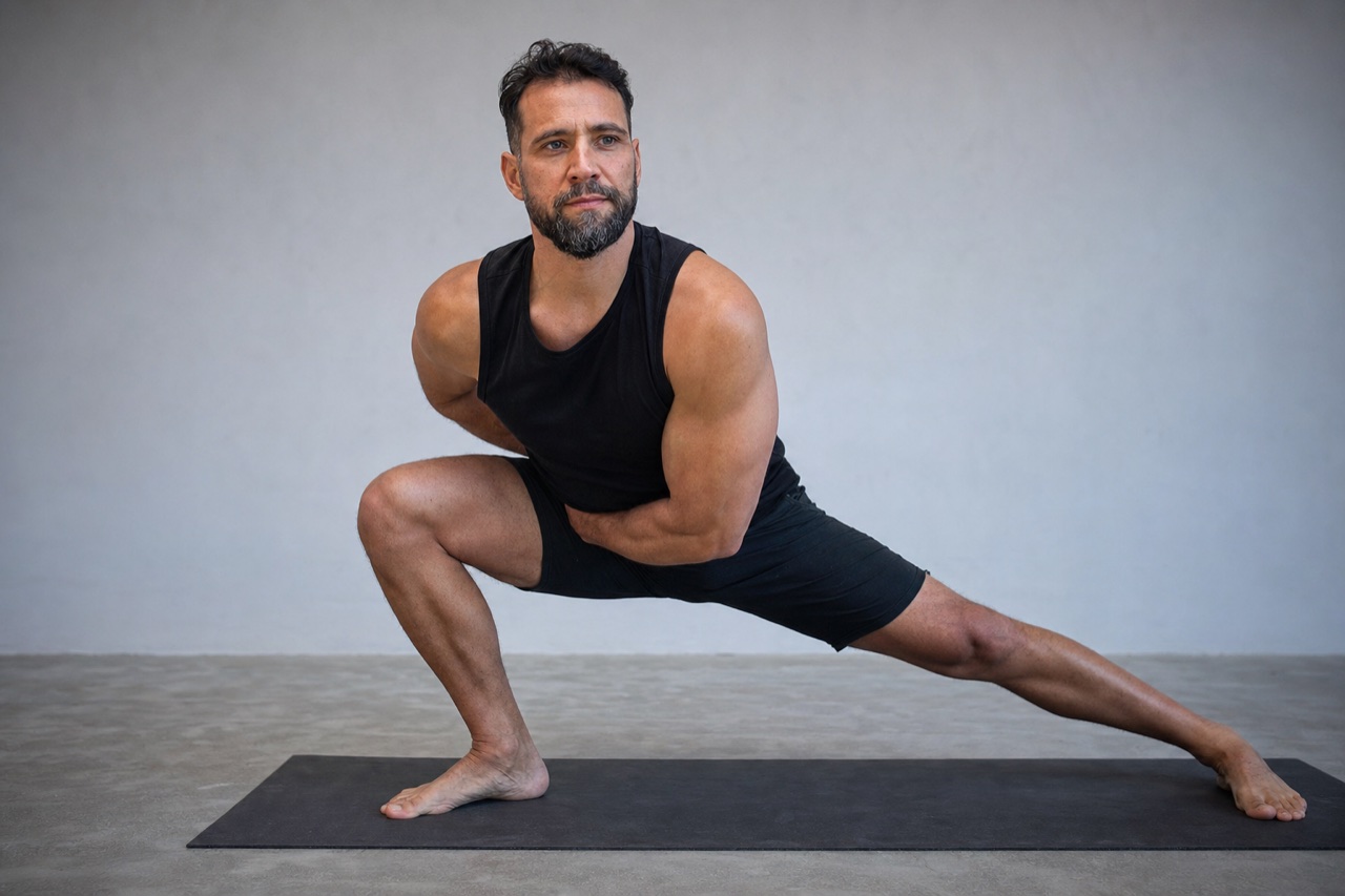 Um homem numa postura de Yoga equilibrada com expressao concentrada, estudio neutro
