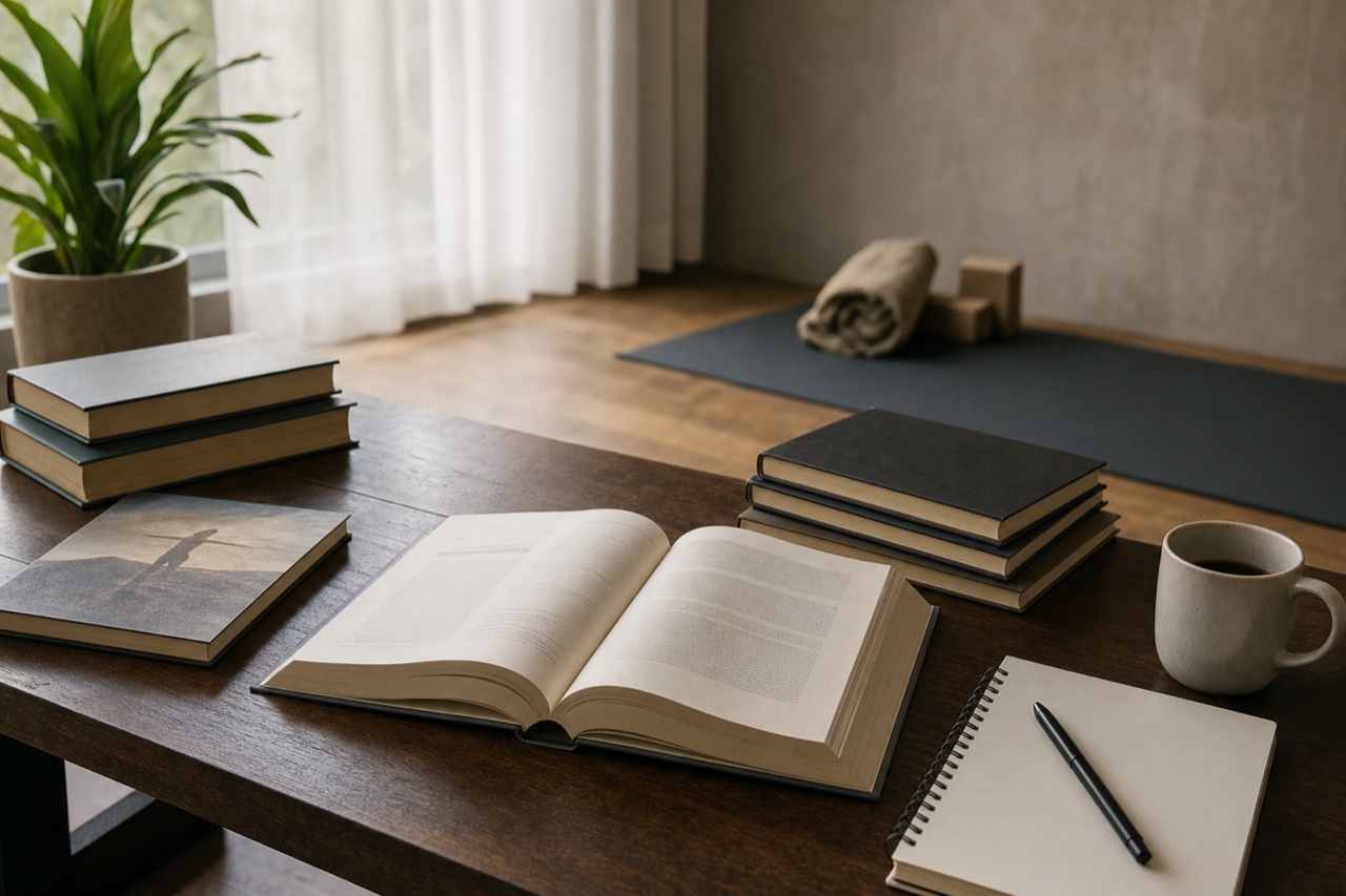 Mesa de estudo com livros abertos e um tapete de Yoga ao fundo, ambiente de pesquisa e pratica