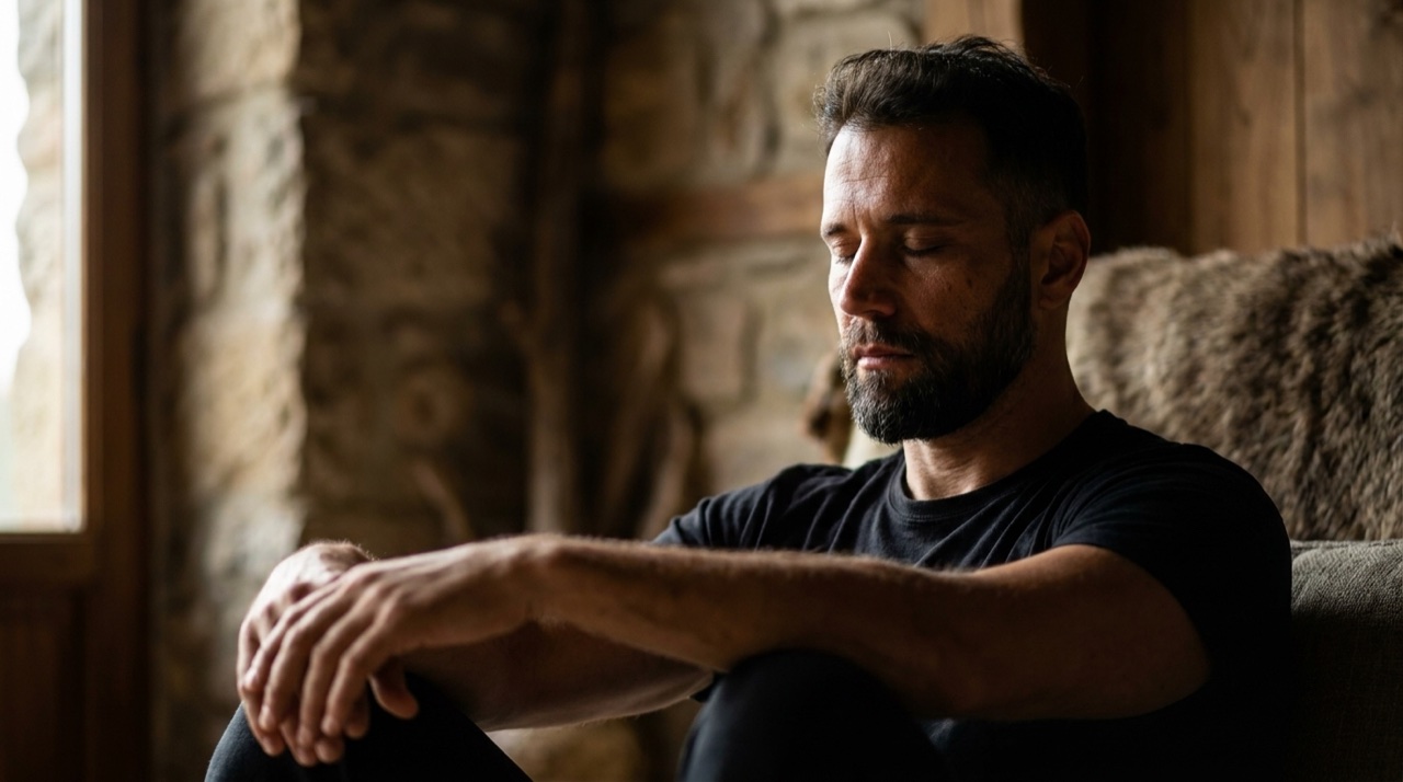 Um homem em meditacao com expressao introspectiva, luz mais dramatica e contrastada, ambiente silencioso