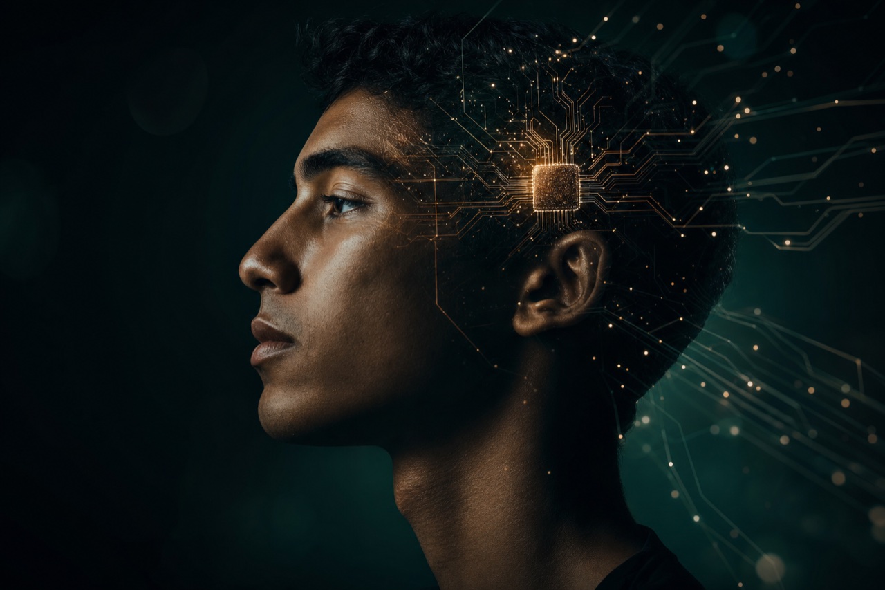 Perfil de pessoa com circuito neural sutil integrado à têmpora