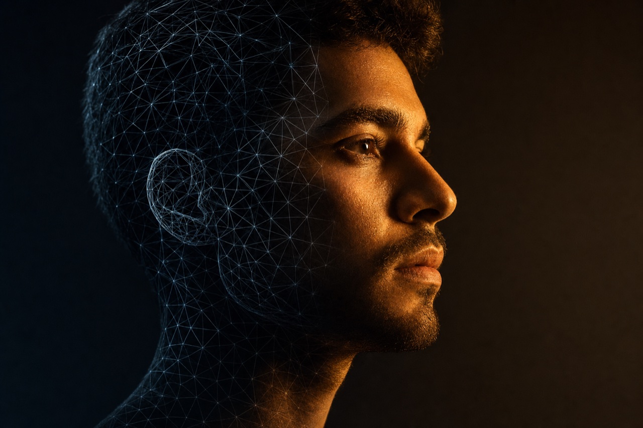 Rosto humano metade orgânico, metade rede digital, representando razão e emoção