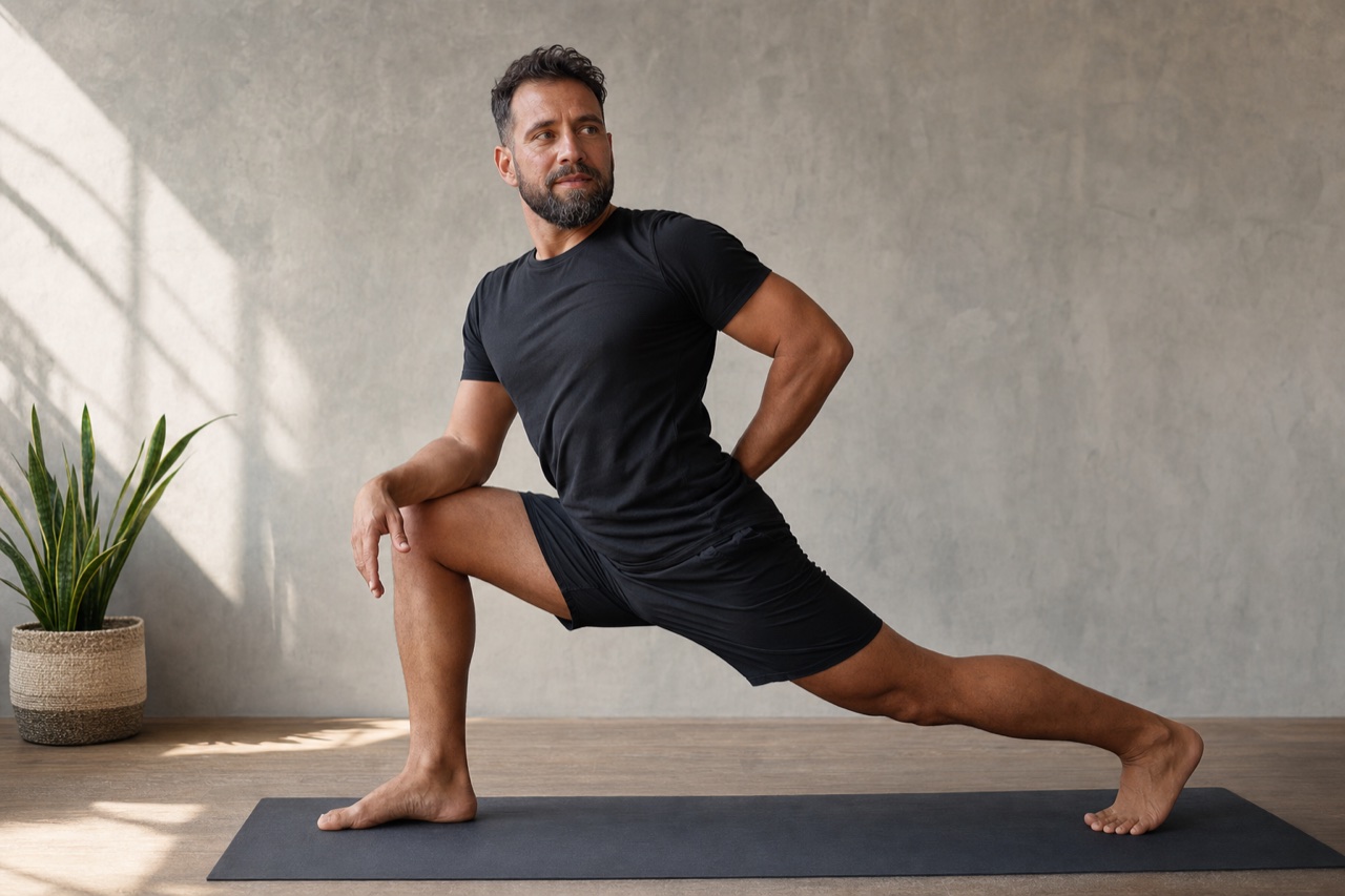 Um homem numa postura de Yoga em pe, estudio minimalista, corpo ativo