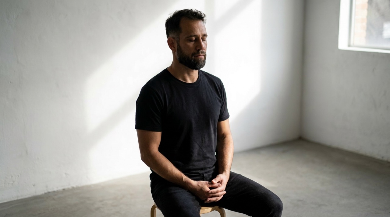 Um homem em meditacao serena, ambiente clean com luz suave, calma profunda