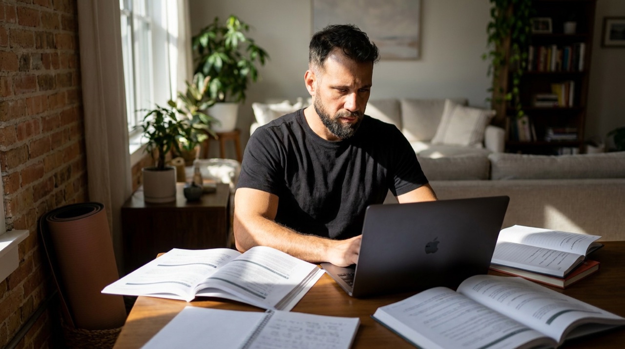Um homem estudando num laptop com tapete de Yoga ao lado, modulos de um curso, ambiente caseiro