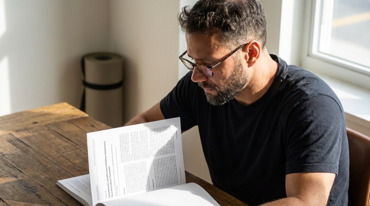 Um homem lendo um artigo cientifico impresso, oculos, mesa com tapete de Yoga ao fundo, estudo atento