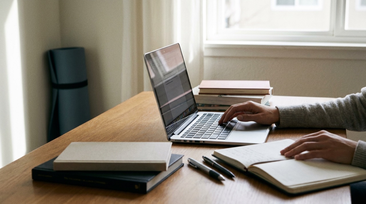 Uma pessoa estudando em casa, agenda e laptop sobre a mesa, tapete de Yoga ao fundo, rotina de estudo