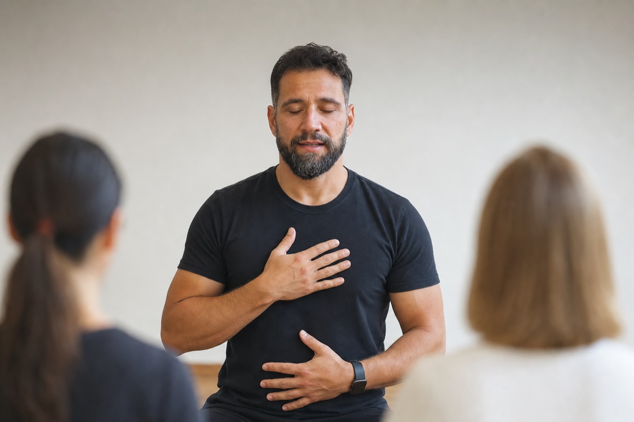 Um professor guiando um exercicio de respiracao para alunos, gesto calmo de conducao