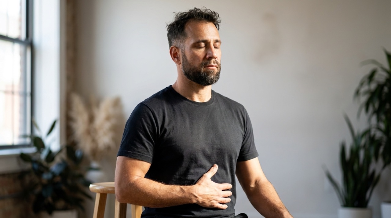 Um homem em respiracao profunda, mao no abdomen, expressao tranquila, estudio sereno