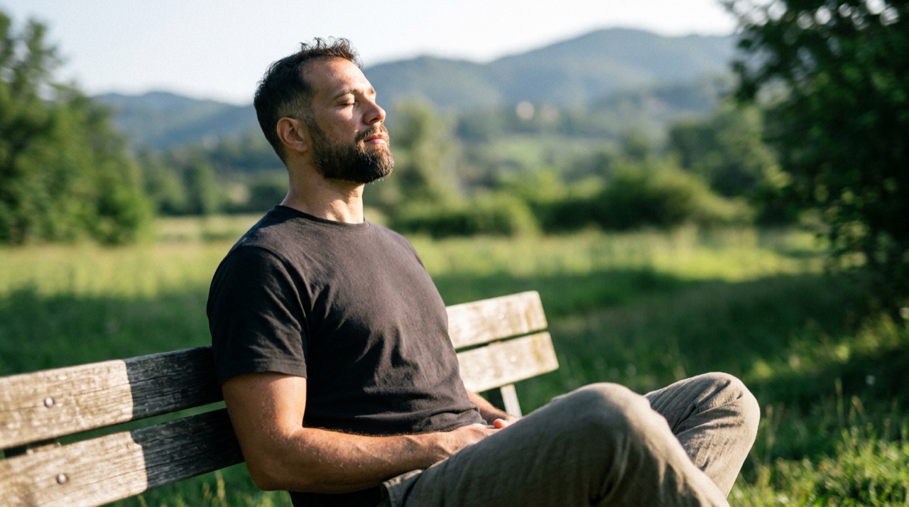 Um homem sentado respirando ao ar livre num ambiente calmo de manha