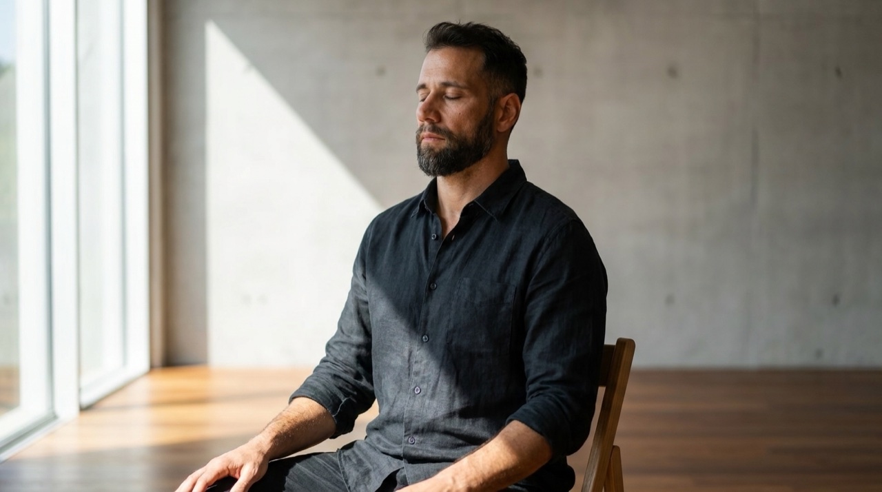 Um homem em meditacao profunda, sereno, ambiente clean com luz lateral