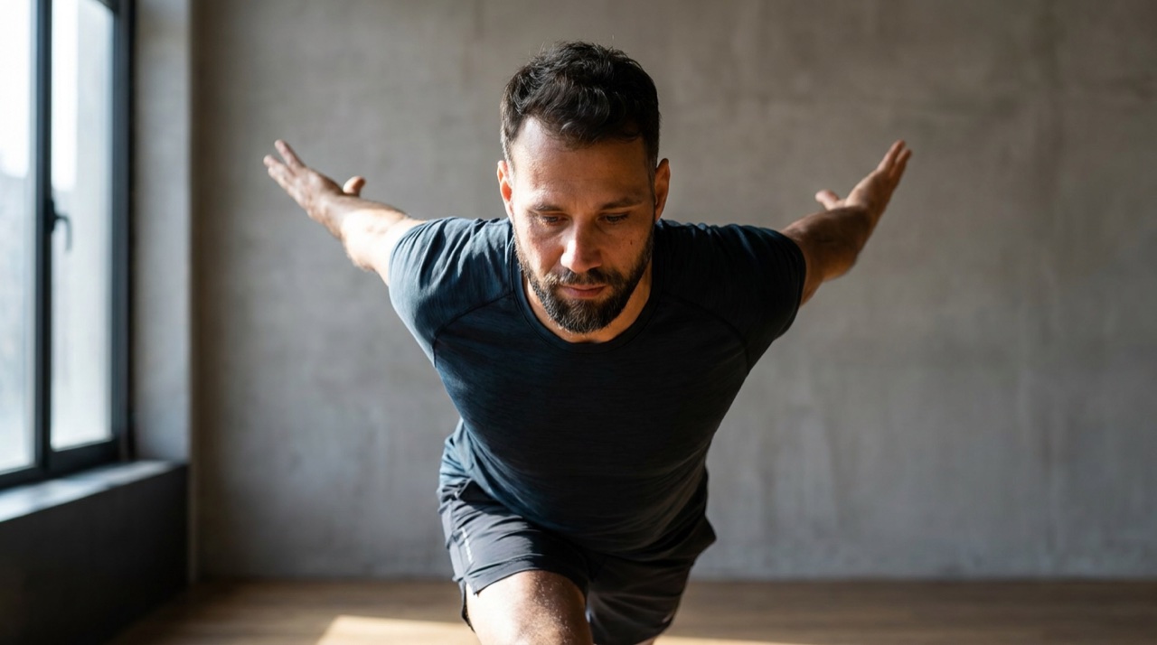 Um homem numa postura de Yoga concentrada, foco interno, estudio neutro