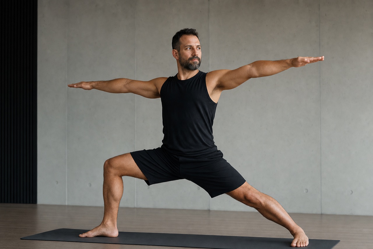 Um homem numa postura de Yoga firme em estudio sobrio e moderno, ar analitico