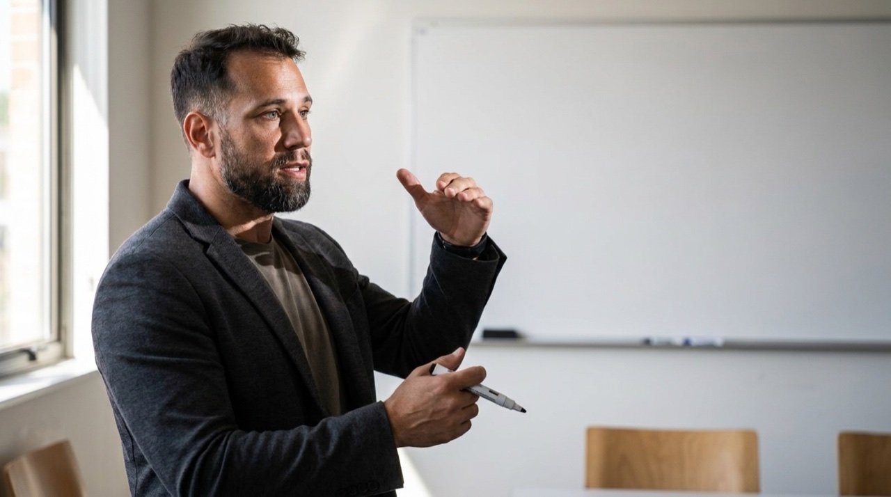 Um professor explicando um conceito com gesto didatico, ambiente neutro e profissional