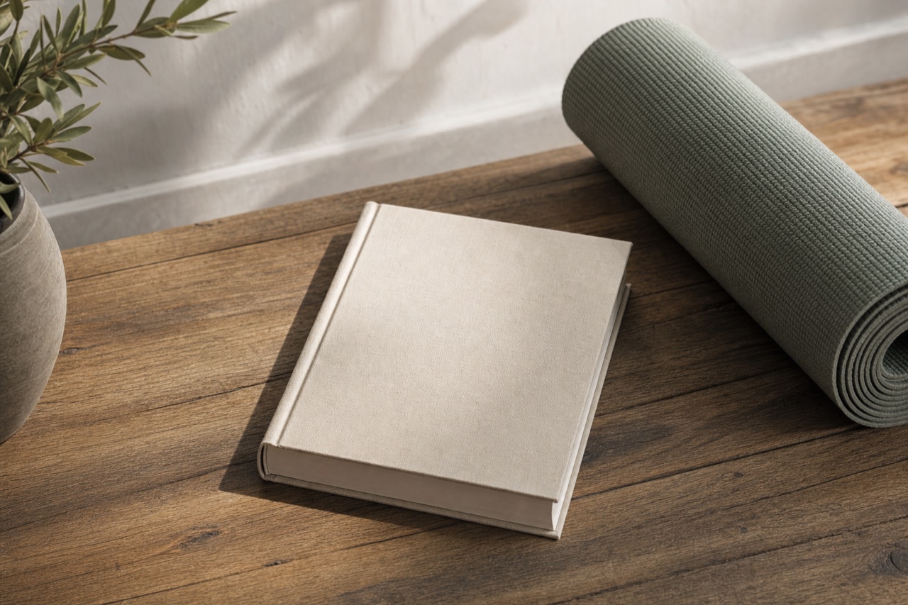 Um livro de capa sobria sobre uma mesa de madeira, ao lado de um tapete de Yoga enrolado, luz natural