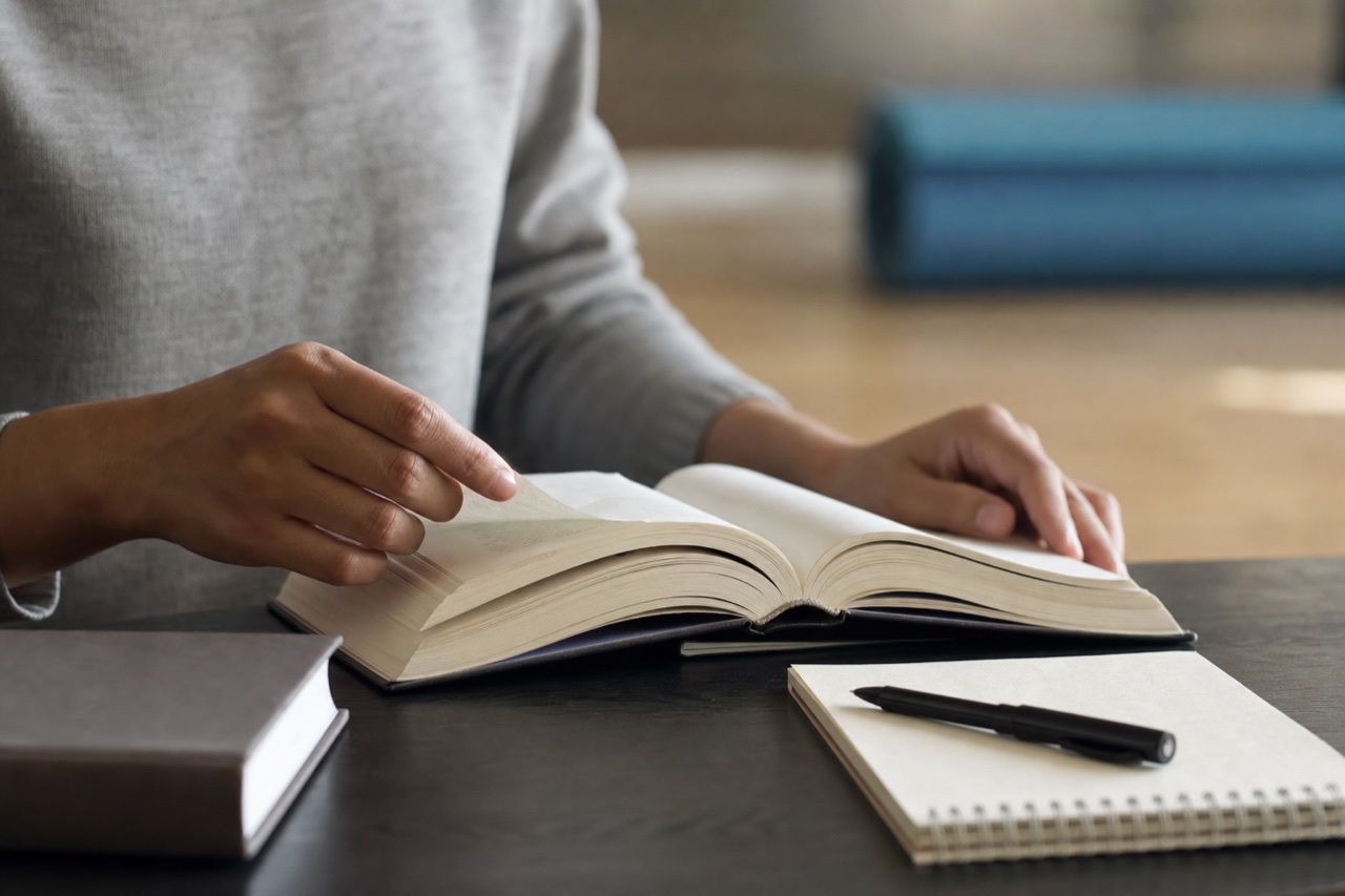 Maos de uma pessoa folheando um livro enquanto estuda, tapete de Yoga ao fundo desfocado