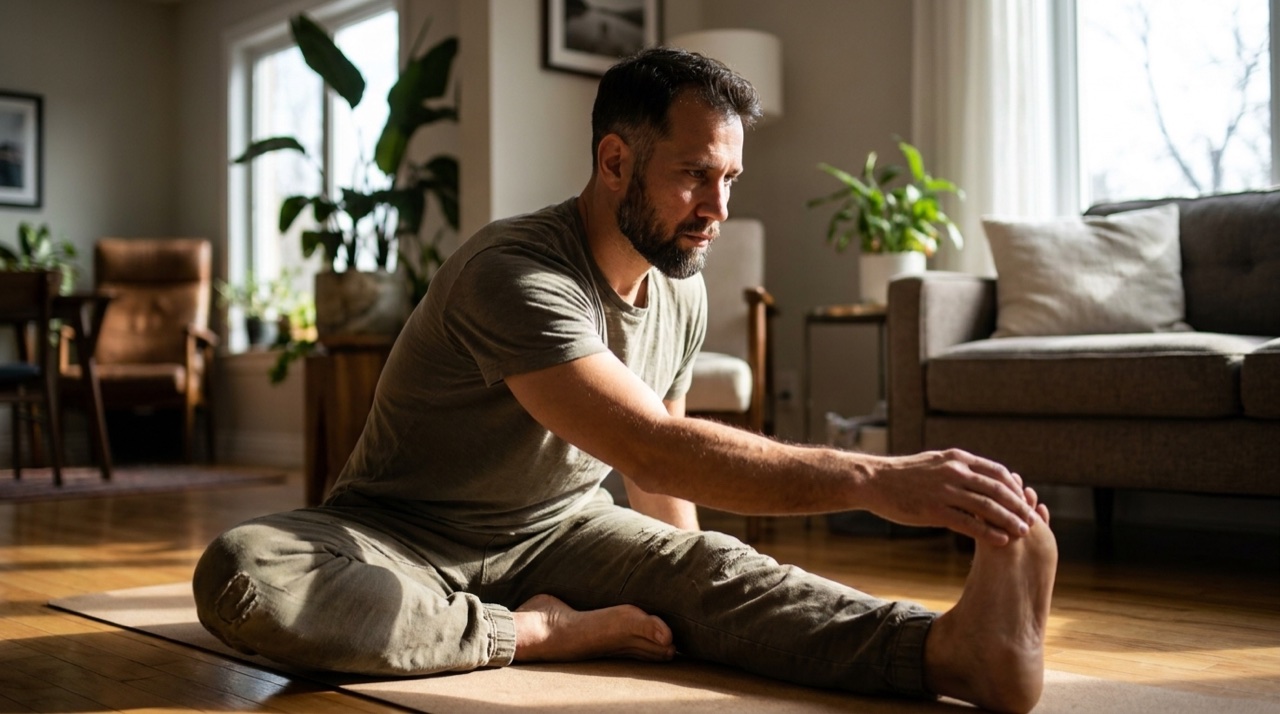Um homem praticando Yoga em casa com luz natural pela janela, ambiente acolhedor e tranquilo