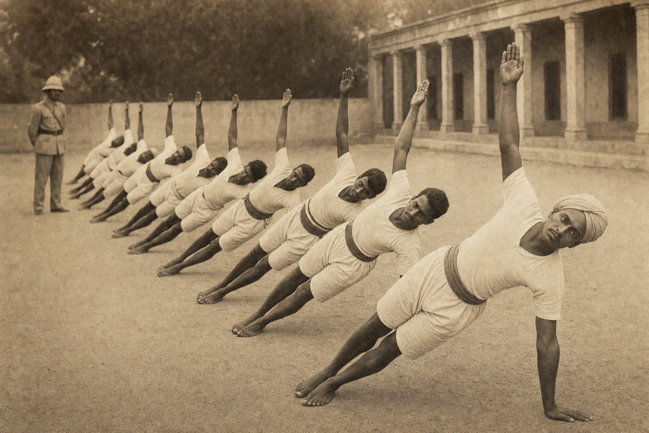 Homens em exercícios de ginástica e Posturas em pátio colonial no início do século XX, origem do Yoga moderno