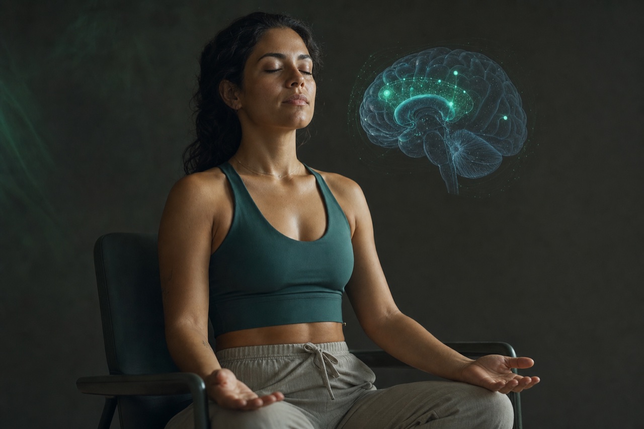 Mulher em meditação ao lado de uma visualização de escaneamento cerebral destacando regiões do cérebro